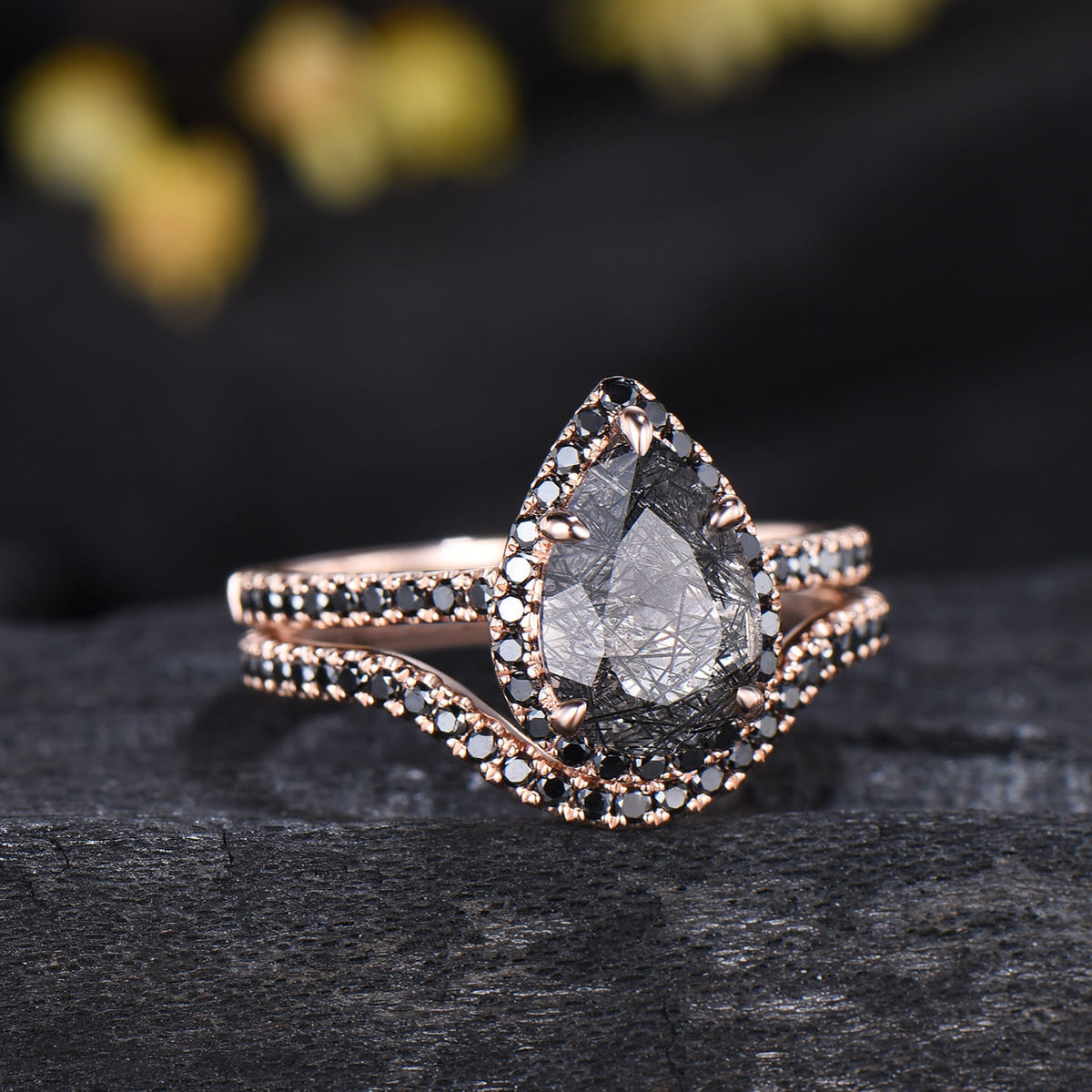 Unique Pear Black Rutilated Quartz Ring Set Midnight Crescent Rose Gold