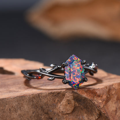 Long Hexagon Black Opal Engagement Ring Gothic Twig Vine Leaf Cluster Garnet Ring