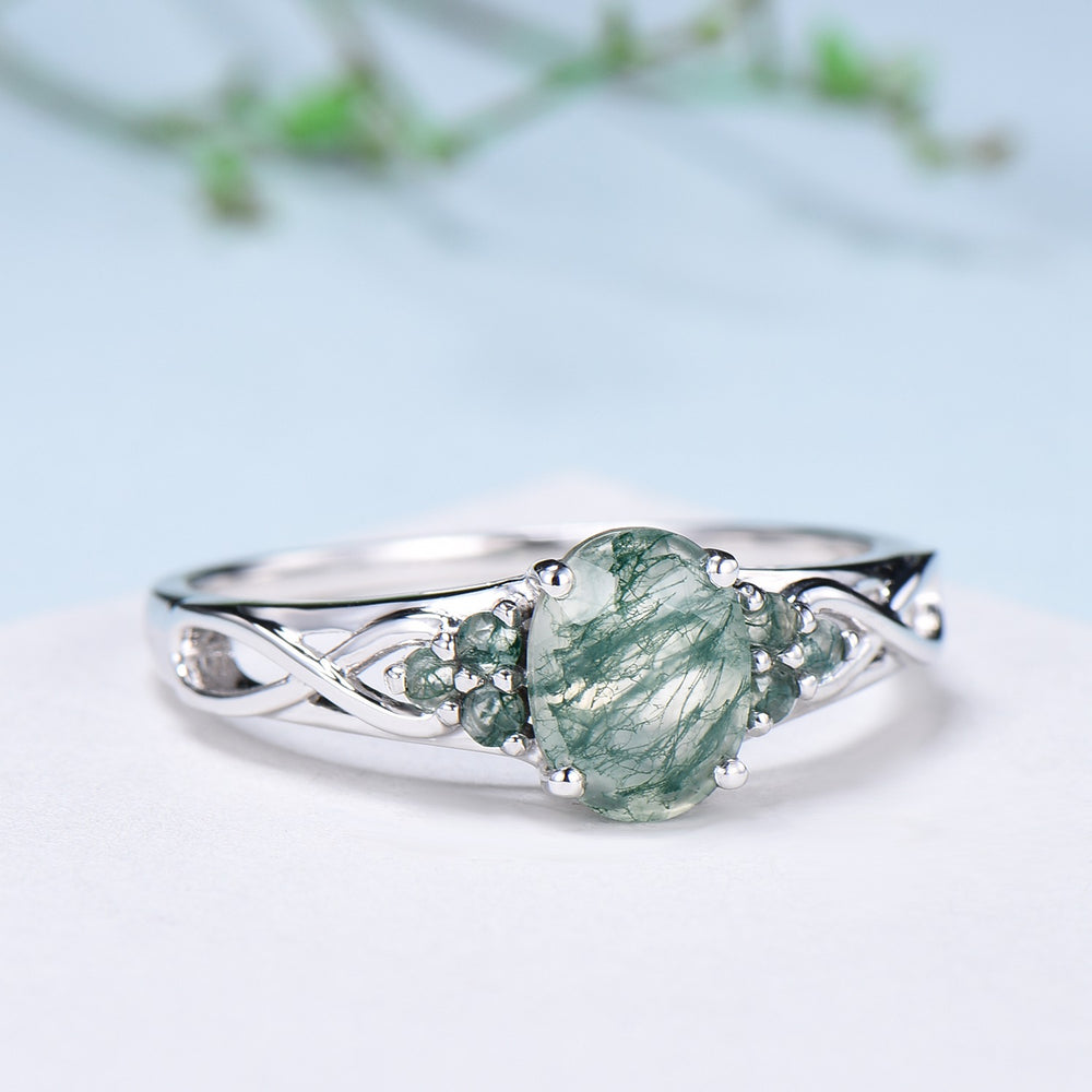 Celtic Knot Oval Natural Moss Agate Engagement Ring Solid 14K/18K White Gold Unique Infinity Ring Cluster Wedding Ring Anniversary gifts - PENFINE