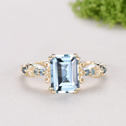 Retro Emerald Cut Aquamarine Ring Vintage Aquamarine Engagement Ring unique 8 prong blue topaz wedding Band Ring Anniversary Gift For Women