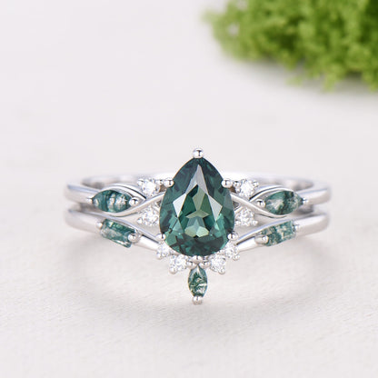 Vintage Pear Shaped Green Teal Sapphire Engagement Ring Set Unique 14k Rose Gold Vine Moss Agate Bridal Set Anniversary Promise Ring Gift