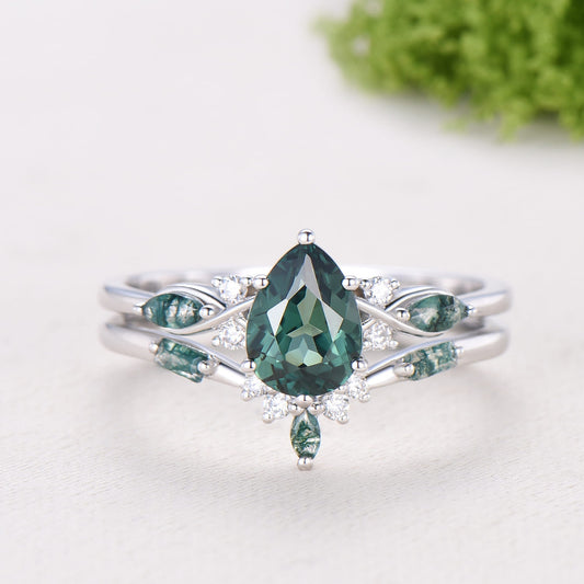 Vintage Pear Shaped Green Teal Sapphire Engagement Ring Set Unique 14k Rose Gold Vine Moss Agate Bridal Set Anniversary Promise Ring Gift