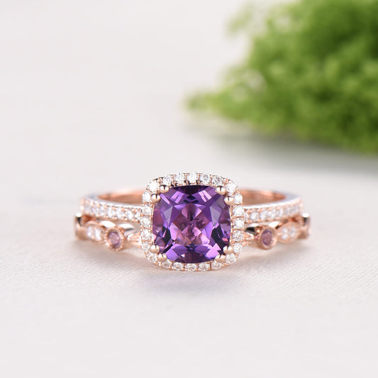 Cushion cut amethyst wedding ring set 14k rose gold vintage antique amethyst engagement ring set for women Art deco halo diamond bridal set - PENFINE