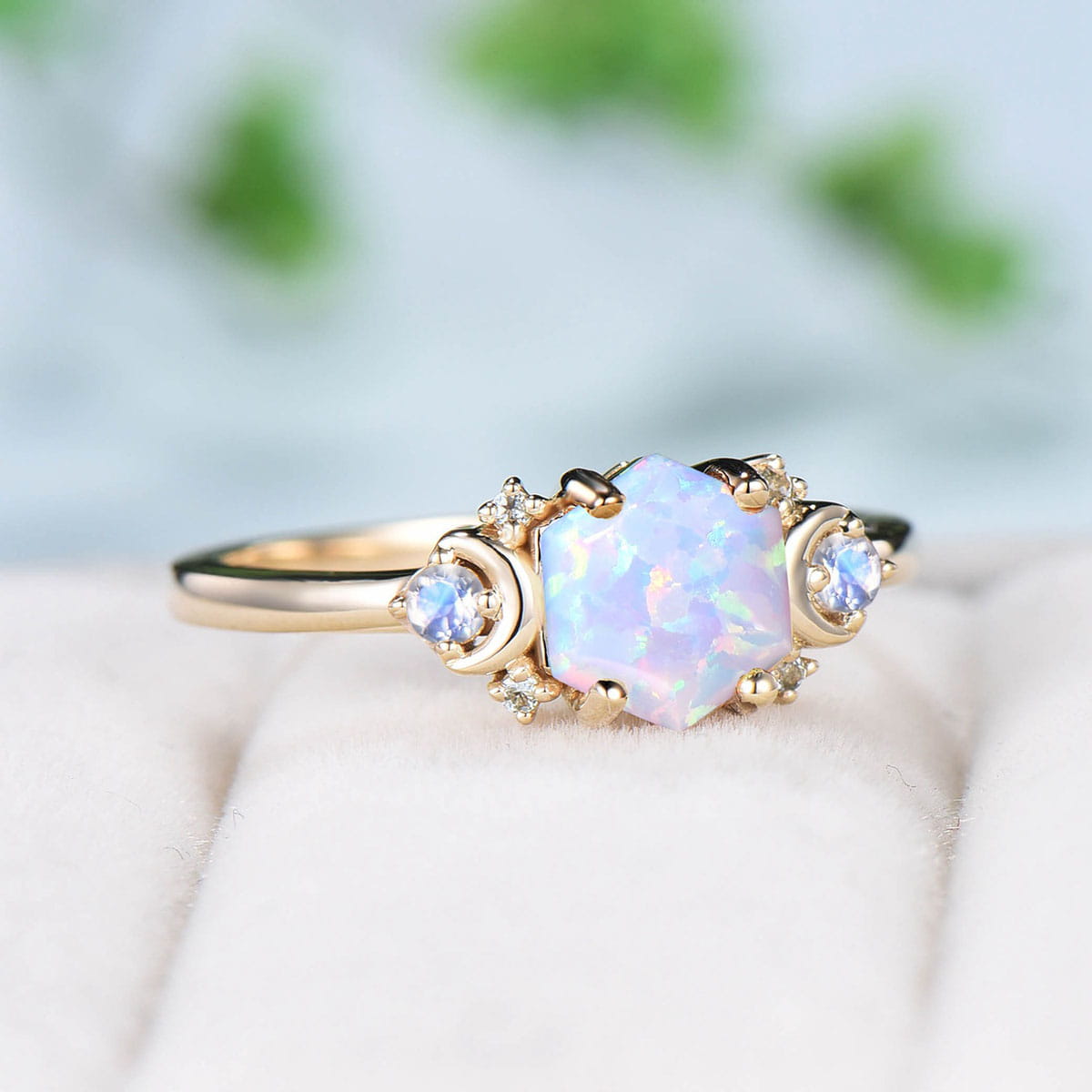 Beautiful Fire Opal Cabochon Women Dainty Engagement Ring 14K Opal Moissanite Cluster Every Day Worn Ring Fire Stone Anniversary Gifted orders Ring