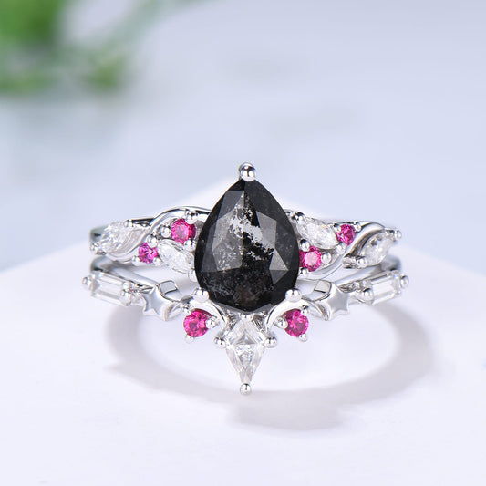 Pear Cut Salt and Pepper Diamond Engagement Ring Set with Ruby Accents & Moon Star Matching Band