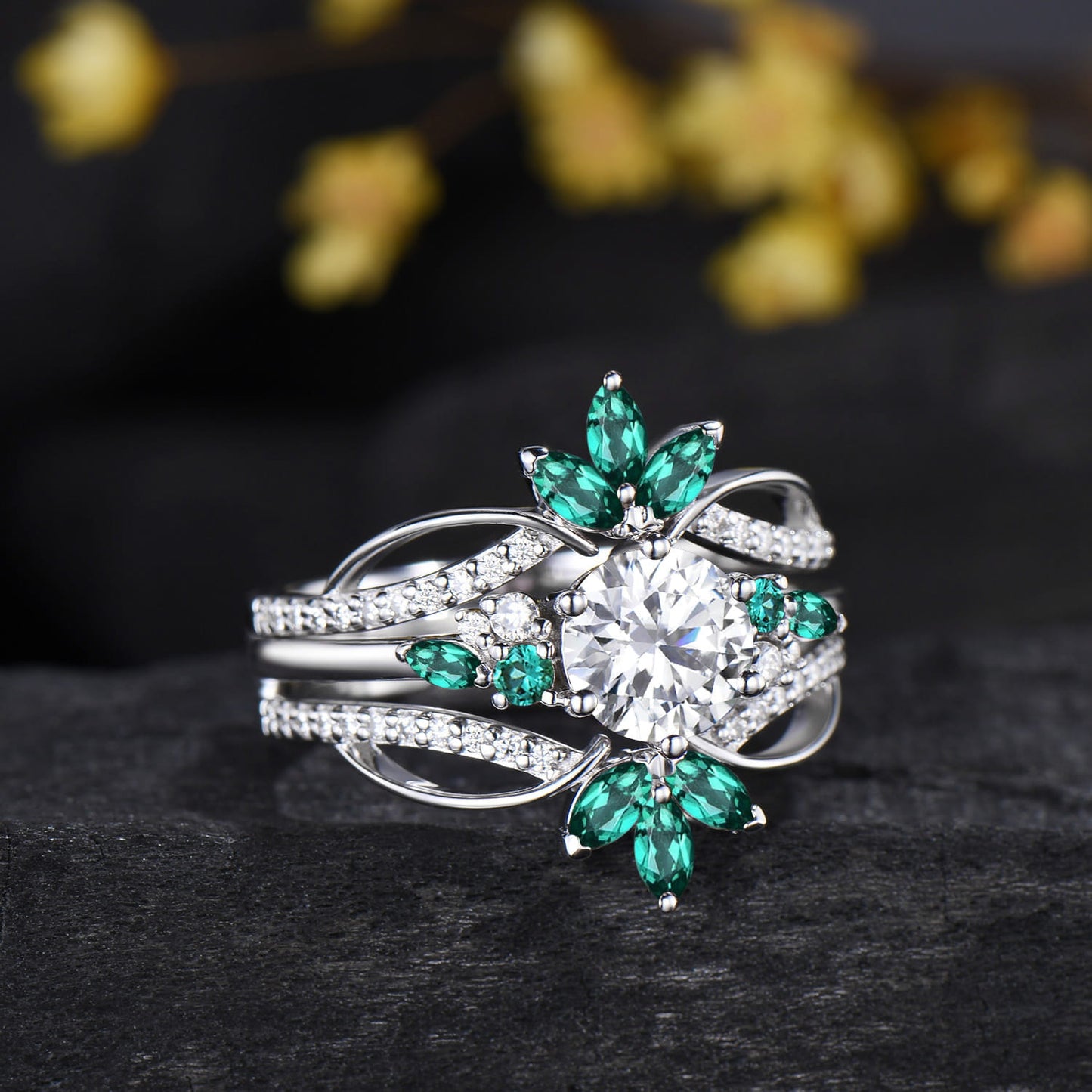 Unique 1CT Brilliant Moissanite Wedding Ring Set, Snowdrift Moissanite Emerald Engagement Ring Set