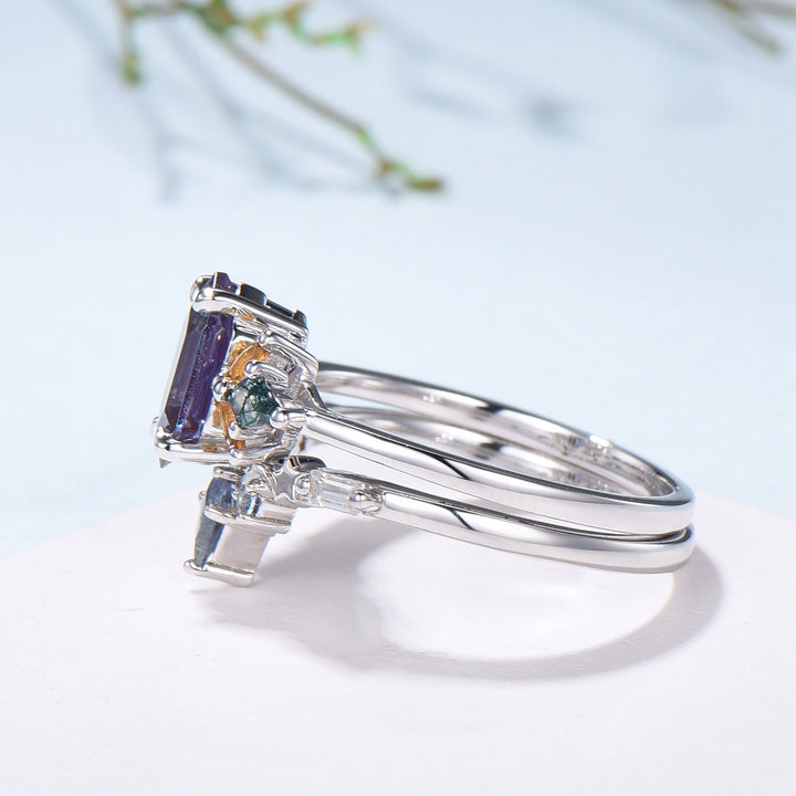 Vintage Elongated Hexagon Alexandrite Bridal Set with Citrine Moss Agate Cluster - PENFINE