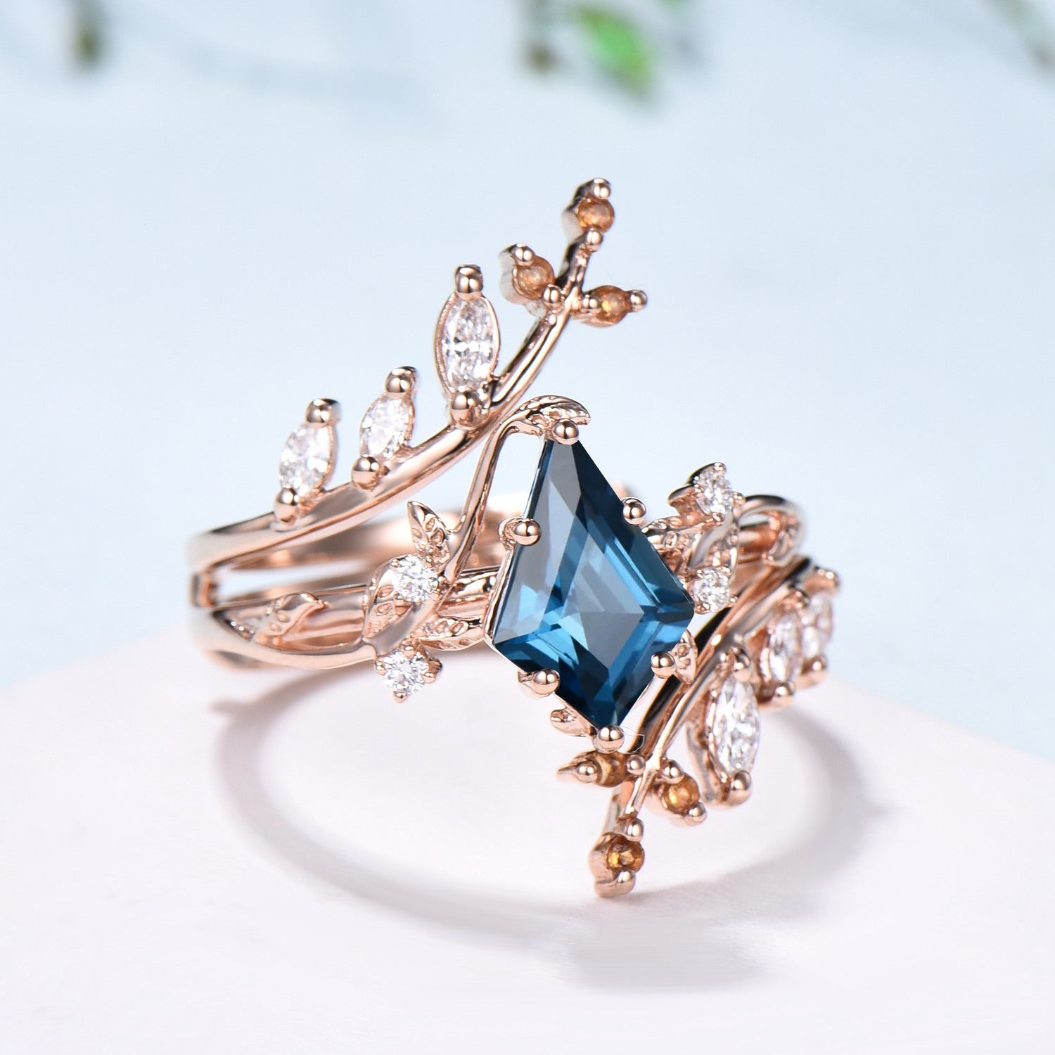 Nature inspired kite cut London blue topaz engagement ring set cluster marquise diamond ring leaf branch lef vine citrine wedding set women - PENFINE