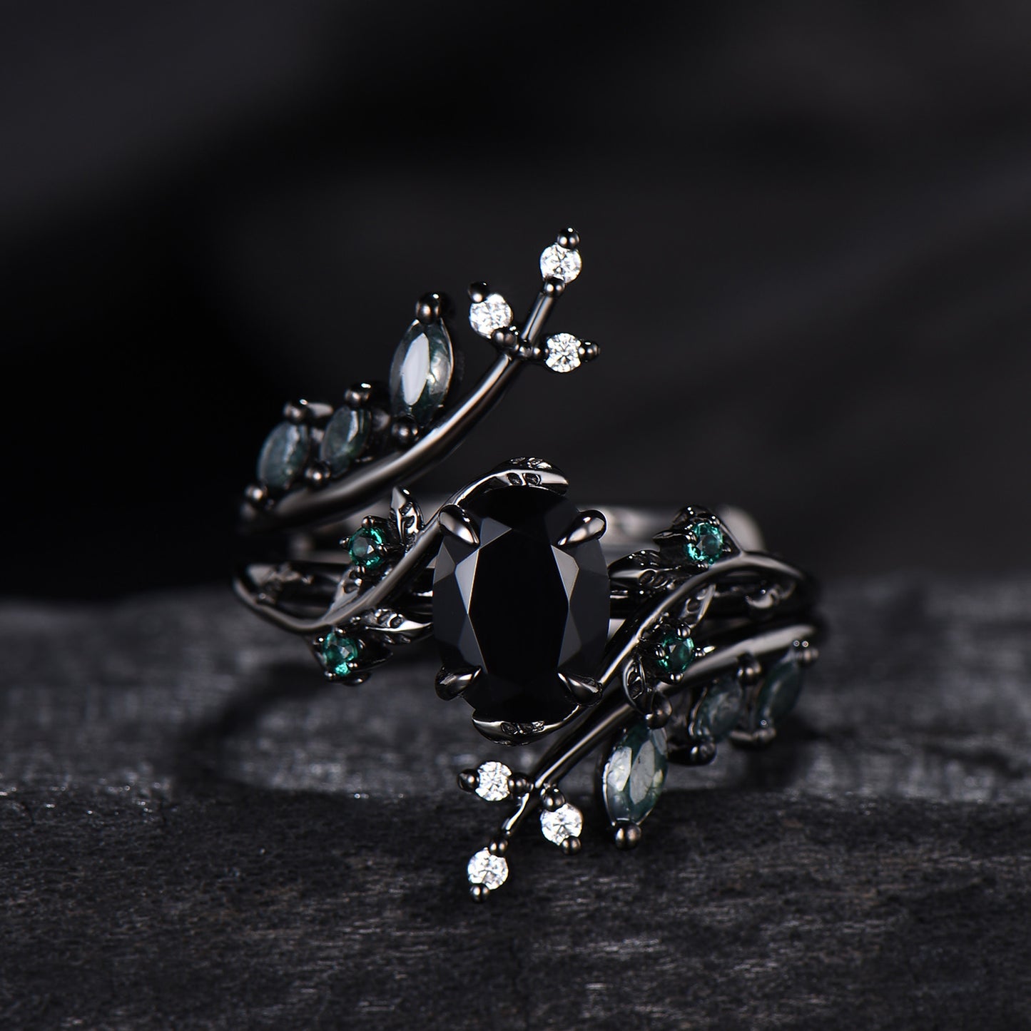 Unique gothic black gold onyx engagement ring set leaf nature inspired emerald wedding ring set twig vine marquise moss agate bridal set