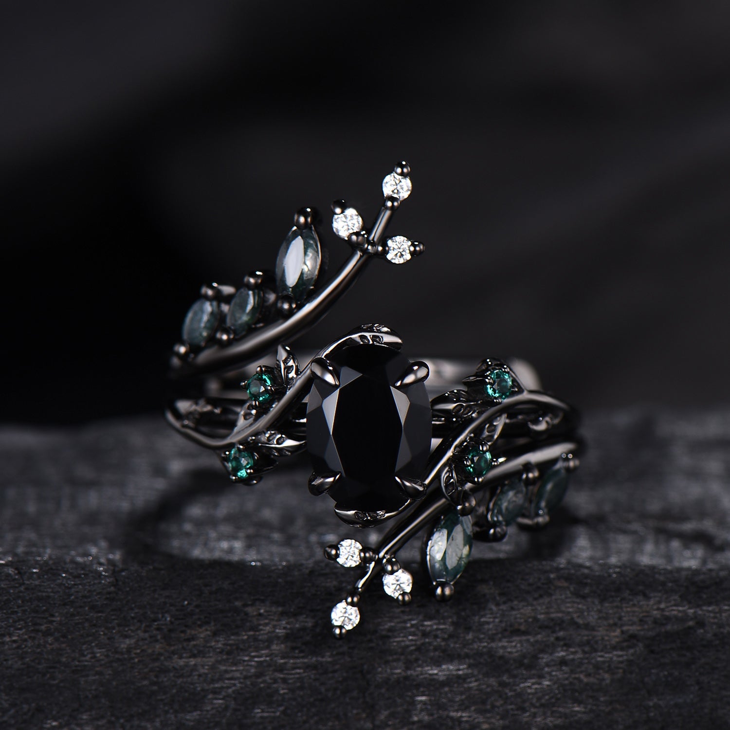 Unique gothic black gold onyx engagement ring set leaf nature inspired emerald wedding ring set twig vine marquise moss agate bridal set