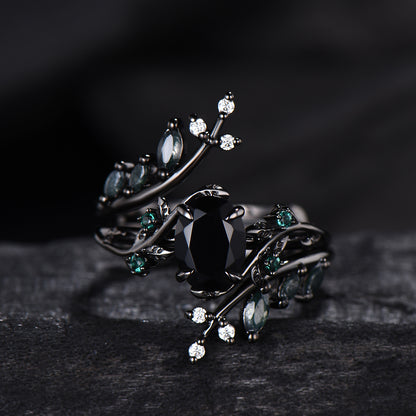 Unique gothic black gold onyx engagement ring set leaf nature inspired emerald wedding ring set twig vine marquise moss agate bridal set