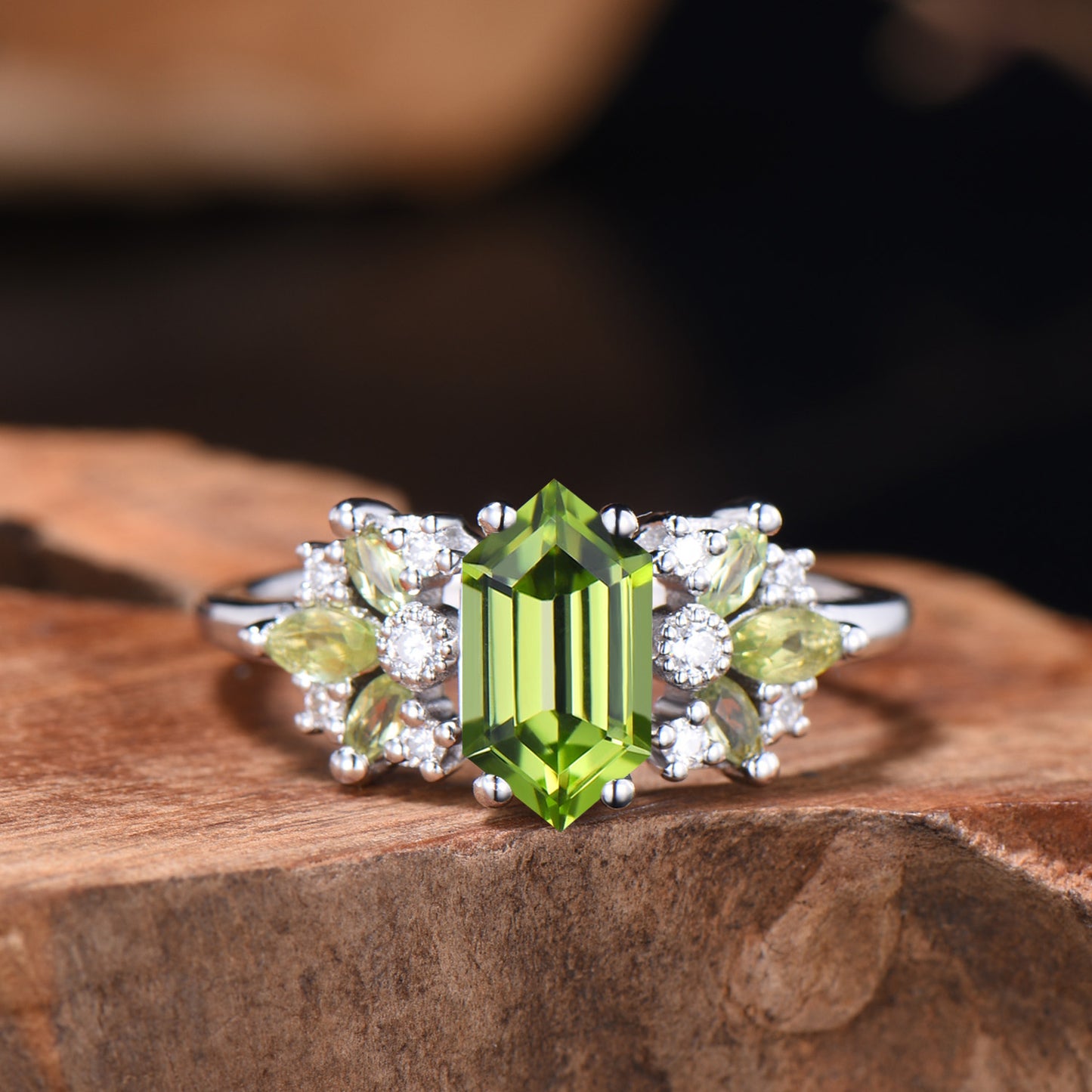 Vintage Art Deco Peridot Engagement Ring, Marquise Moissanite Accent