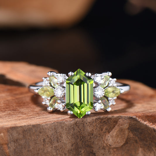 Vintage Art Deco Peridot Engagement Ring, Marquise Moissanite Accent
