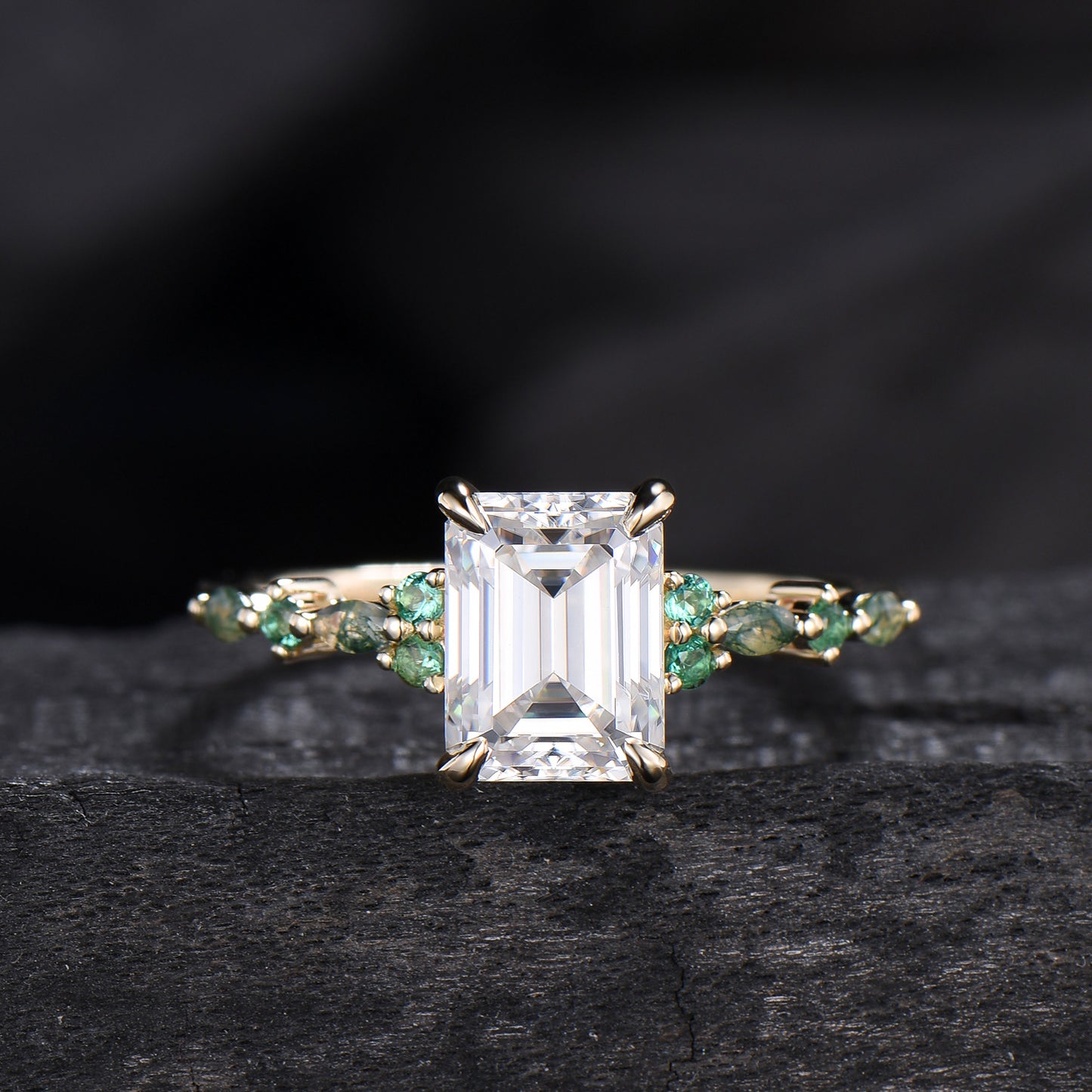 Vintage Emerald Cut Moissanite Engagement Ring Unique Marquise Moss Agate Moissanite Wedding Ring Art Deco Minimalsit Anniversary Ring Gift