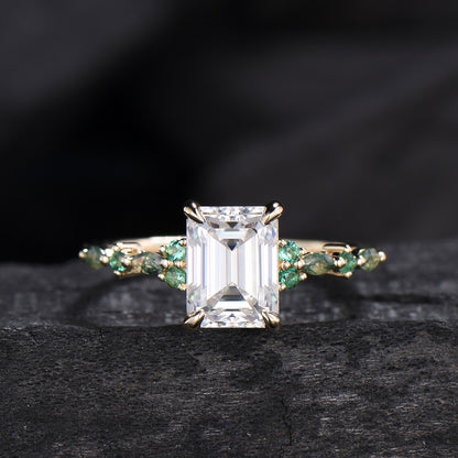 Vintage Emerald Cut Moissanite Engagement Ring Unique Marquise Moss Agate Moissanite Wedding Ring Art Deco Minimalsit Anniversary Ring Gift