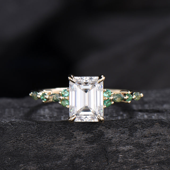 Vintage Emerald Cut Moissanite Engagement Ring Unique Marquise Moss Agate Moissanite Wedding Ring Art Deco Minimalsit Anniversary Ring Gift