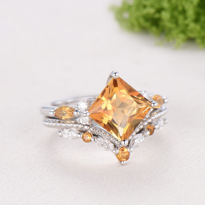 Unique Princess Cut Citrine Engagement Ring Set Vintage 14k Yellow Gold Sterling Silver November Birthstone Ring Art Deco Bridal Ring Set