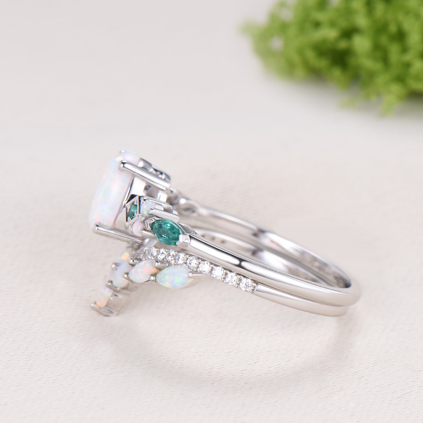 Vintage Art Deco Oval Opal Emerald Bridal Set Cluster Chevron Opal Stacking Ring Set