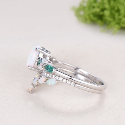 Vintage Art Deco Oval Opal Emerald Bridal Set Cluster Chevron Opal Stacking Ring Set