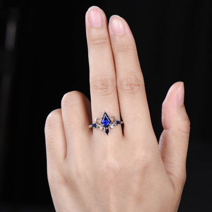 Unique Sapphire Ring Set Vintage Kite Cut Blue Sapphire Engagement Ring Open Gap Ruby Wedding Band Gold Bridal Set Anniversary Promise Gifts