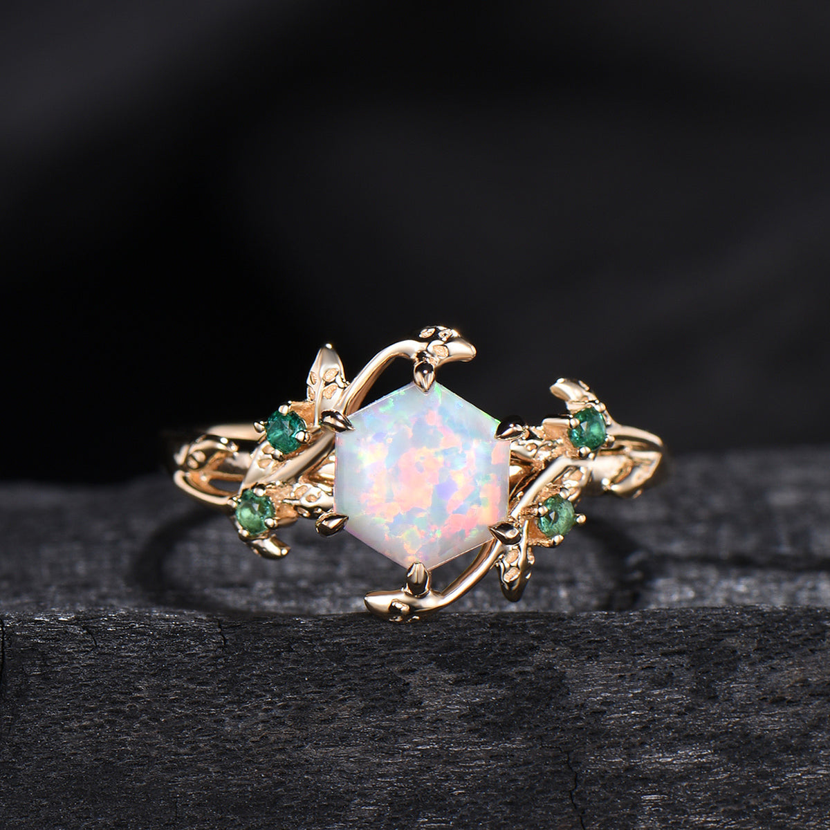 Hexagon Cut Opal Ring for women Vintage White Opal Engagement Ring Unique Nature Inspired Bridal Ring Leaf Vine emerald Wedding Bridal Ring