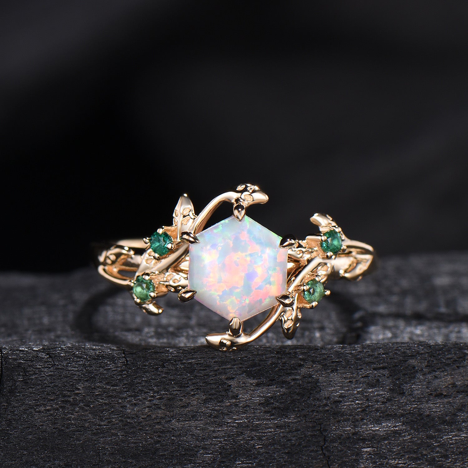 Hexagon Cut Opal Ring for women Vintage White Opal Engagement Ring Unique Nature Inspired Bridal Ring Leaf Vine emerald Wedding Bridal Ring