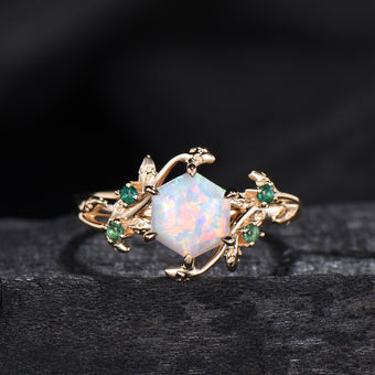 Hexagon Cut Opal Ring for women Vintage White Opal Engagement Ring Unique Nature Inspired Bridal Ring Leaf Vine emerald Wedding Bridal Ring