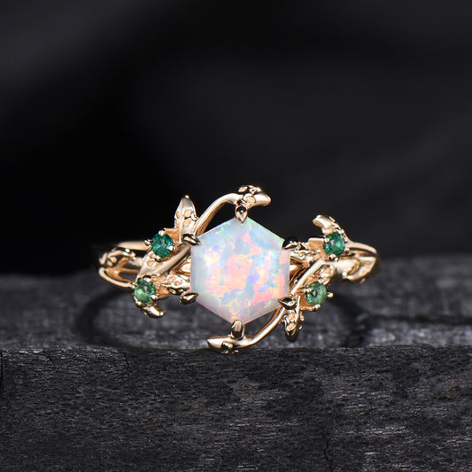 Hexagon Cut Opal Ring for women Vintage White Opal Engagement Ring Unique Nature Inspired Bridal Ring Leaf Vine emerald Wedding Bridal Ring