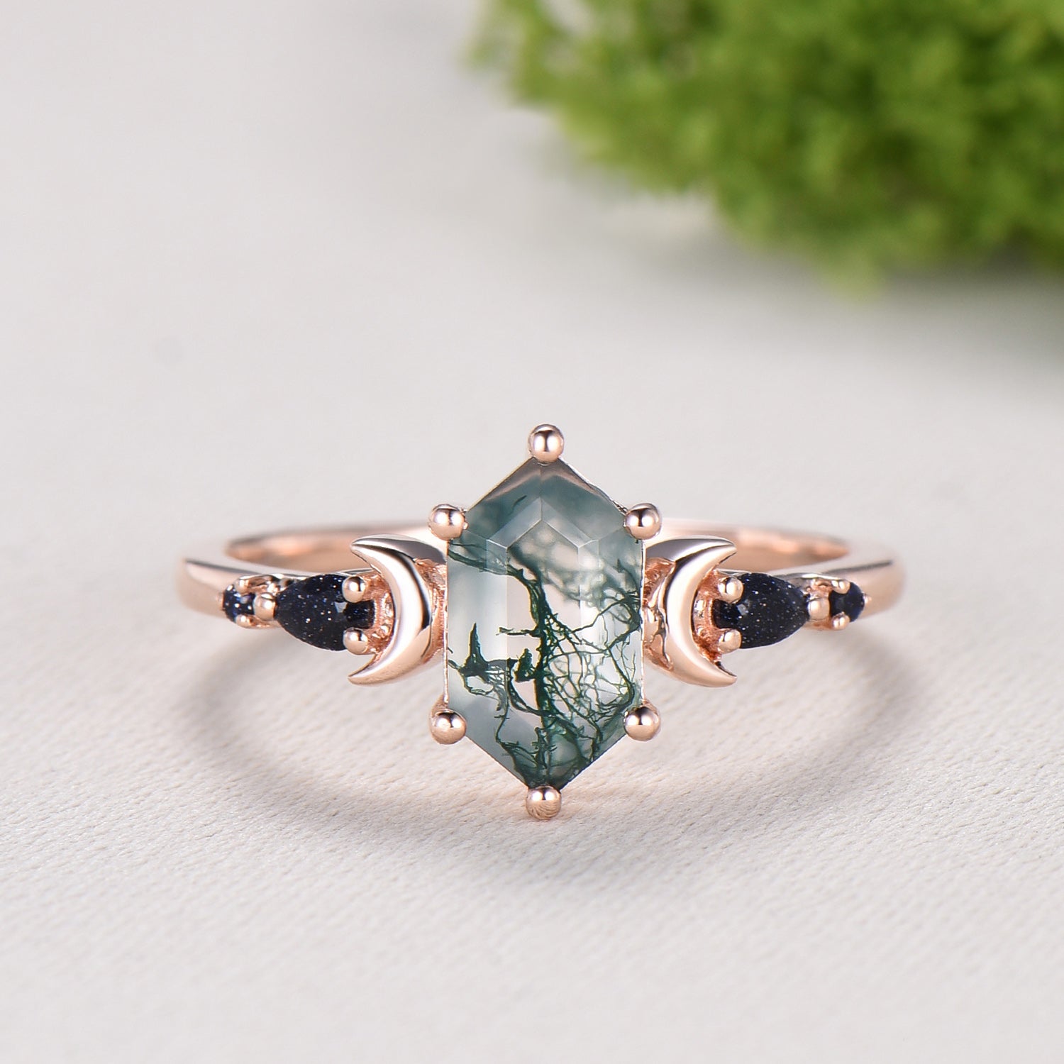 Long Hexagon Moss Agate Engagement Ring, Crescent Moon Blue Sandstone Band, Celestial Jewelry, Unique 14K Rose Gold Wedding Ring Set - PENFINE