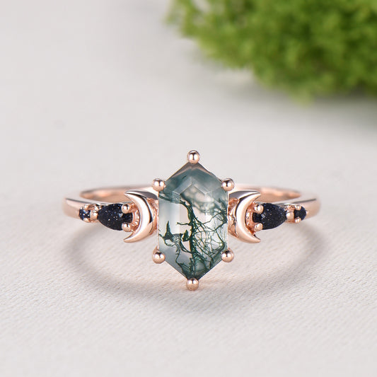 Long Hexagon Moss Agate Engagement Ring, Crescent Moon Blue Sandstone Band, Celestial Jewelry, Unique 14K Rose Gold Wedding Ring Set - PENFINE