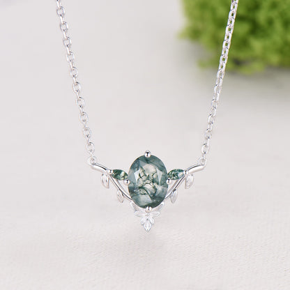 Moss Agate Leaf Vine Pendant Necklace, Nature Inspired