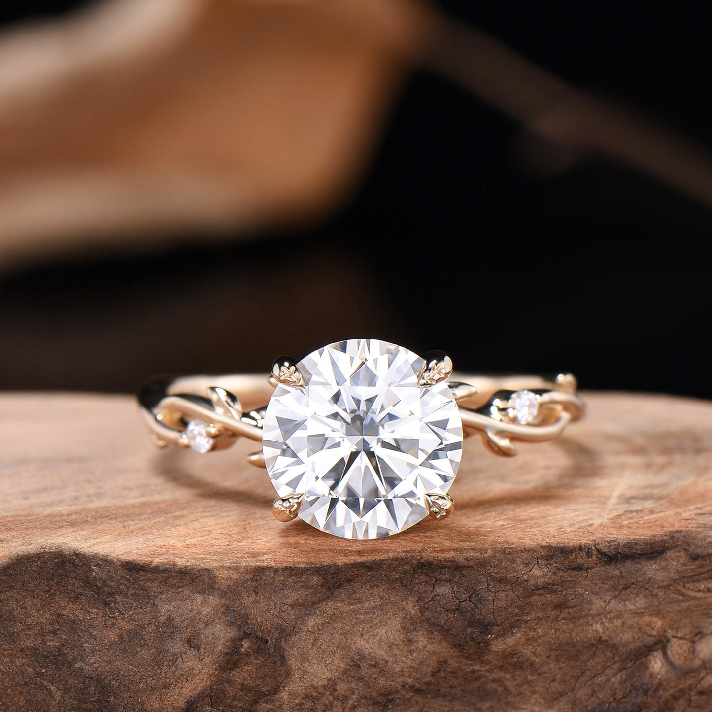 3ct Round Moissanite Engagement Ring 14K Yellow Gold  Twig Promise Ring