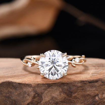 3ct Round Moissanite Engagement Ring 14K Yellow Gold  Twig Promise Ring