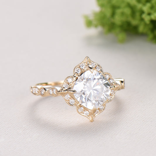 Art Deco Cushion Cut Moissanite Engagement Ring, 14K Yellow Gold Milgrain Marqusie Diamond Band - PENFINE