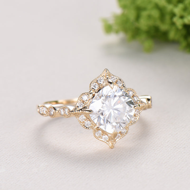 Art Deco Cushion Cut Moissanite Engagement Ring, 14K Yellow Gold Milgrain Marqusie Diamond Band - PENFINE
