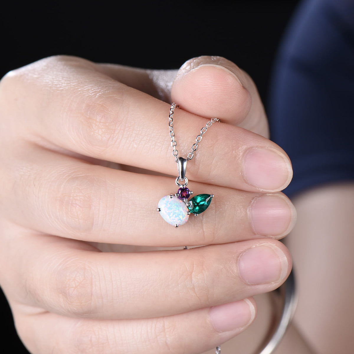 Minimalist Oval Opal Amethyst Emerald Pendant,Three Stone Drop Necklace
