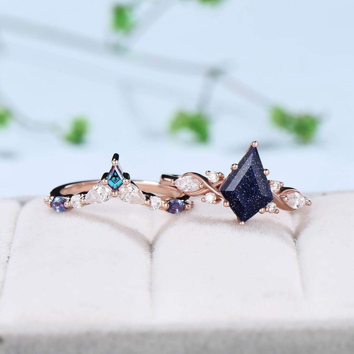 Unique Starry Sky Kite Cut Blue Sandstone Engagement Ring Set Kite Alexandrite Moissanite Bridal Set Antique Art Deco Wedding Ring Set - PENFINE