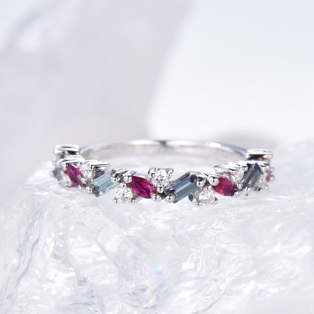 Vintage Alexandrite Ruby Eternity Wedding Band Women Unique Baguette Alexandrite Stackable Ring Marquise Ruby Matching Band Anniversary Gift - PENFINE