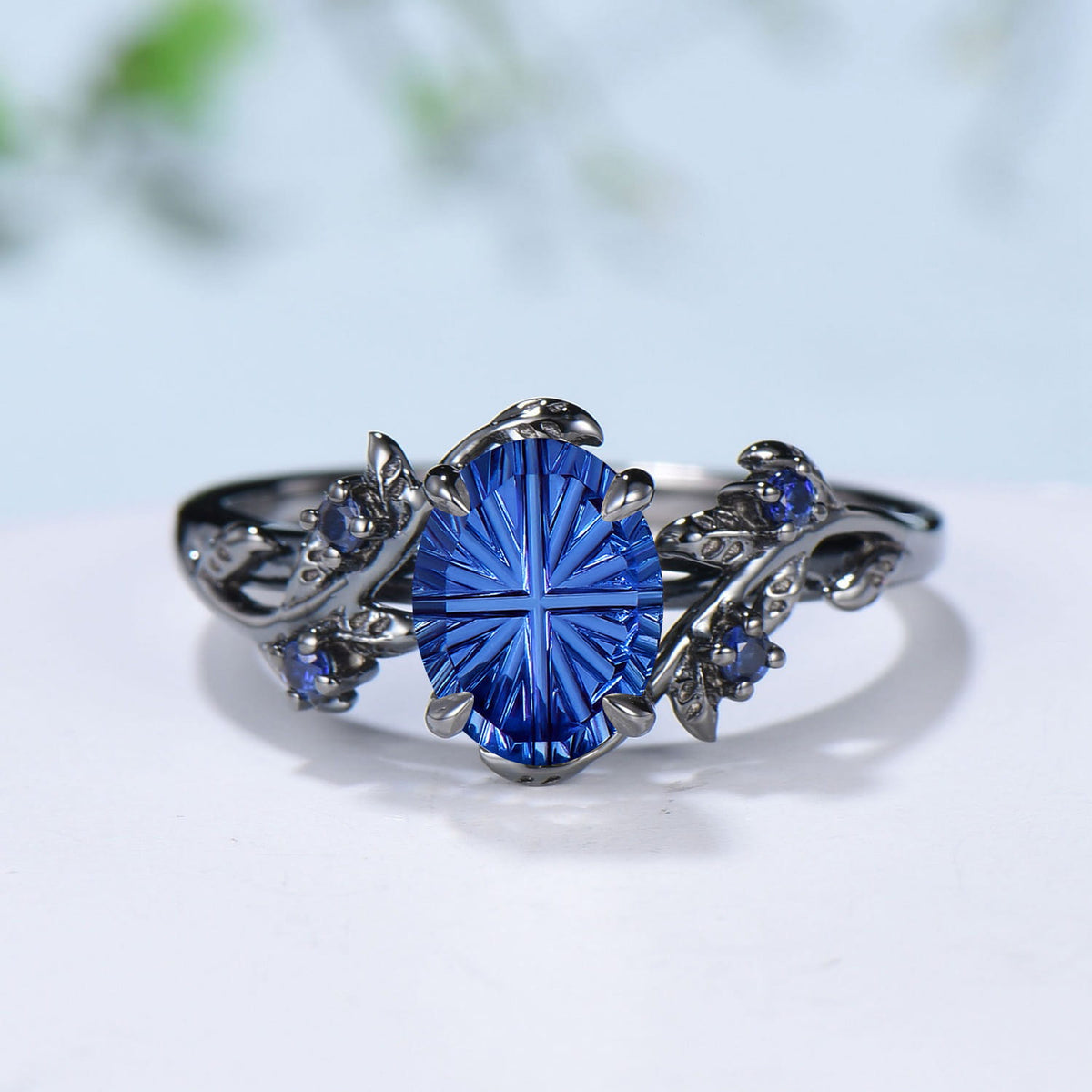 Black Gold Oval Fantasy Cut Sapphire Engagement Ring Nature Inspired Leaf Vine Ring