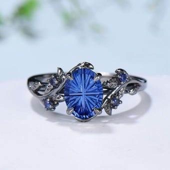 Black Gold Oval Fantasy Cut Sapphire Engagement Ring Nature Inspired Leaf Vine Ring