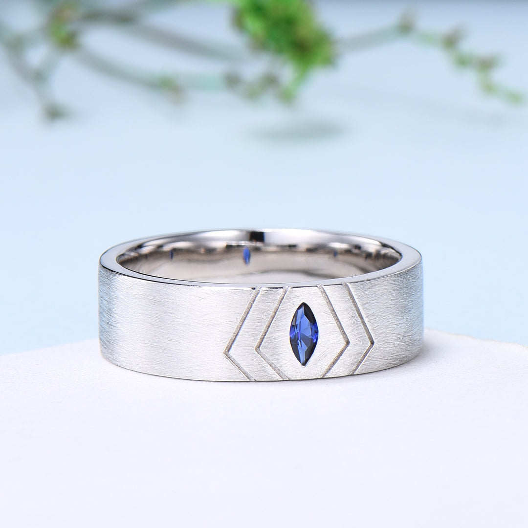 6mm Men's Marquise Cut Sapphire Ring Vintage Brushed Finished Solitaire Wedding Band Silver 14K Solid White Gold Unique Stacking Band Men - PENFINE