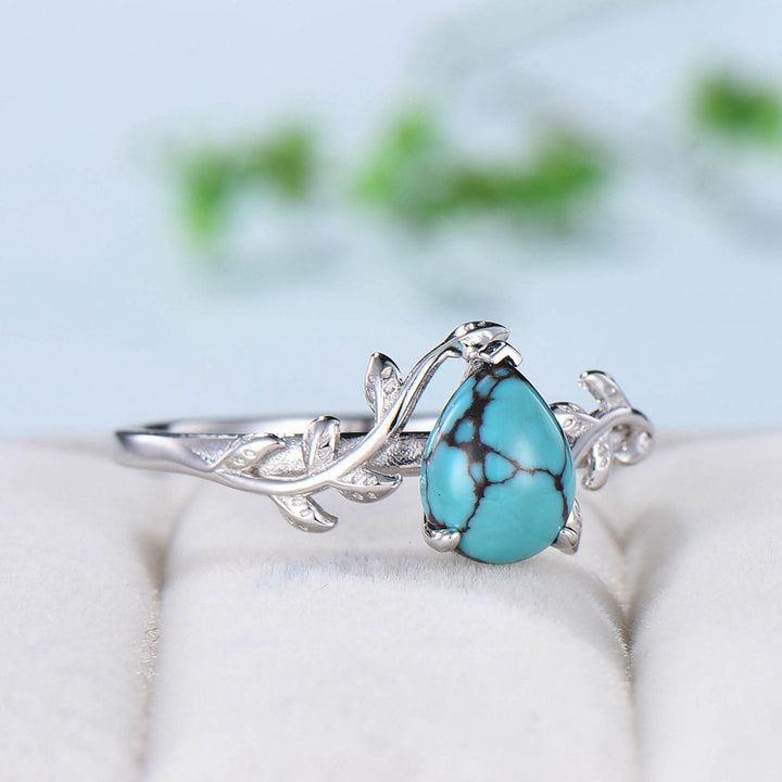 Teardrop Turquoise Ring White Gold Natural Inspired Leaf Turquoise Engagement Ring Branch Gold Wedding Ring for Women Twig Promise Ring - PENFINE