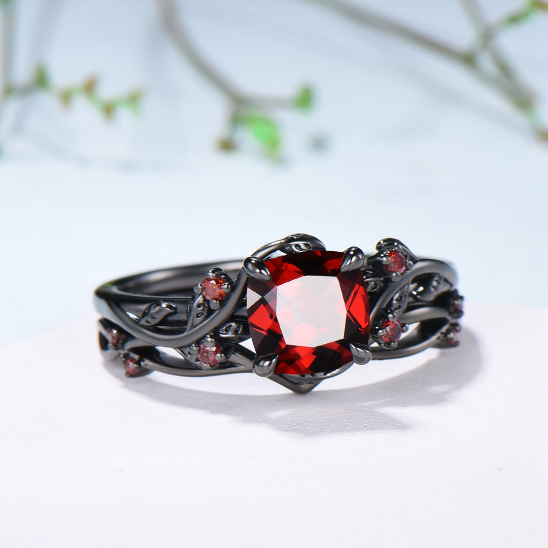 Unique gothic cushion cut garnet wedding ring set black gold natural inspired January birthstone engagement ring for women 2pcs bridal set - PENFINE