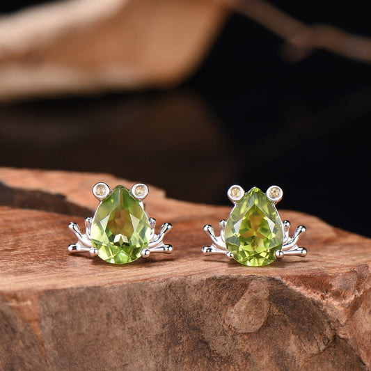 Pear Cut Peridot Frog Earrings, Citrine Accent, Gold Studs