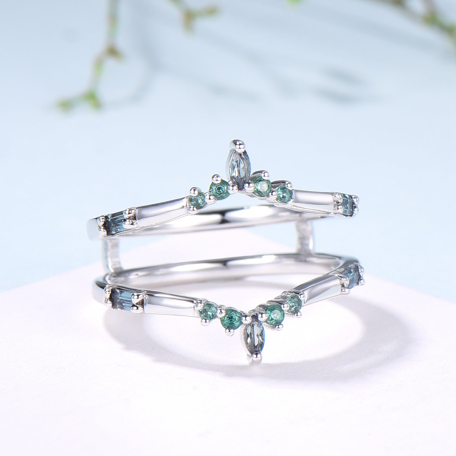 Double Curved Alexandrite Emerald Wedding Band Sterling Silver Contour Enhancer Stacking Marquise Baguette Matching Band Anniversary Gifts - PENFINE