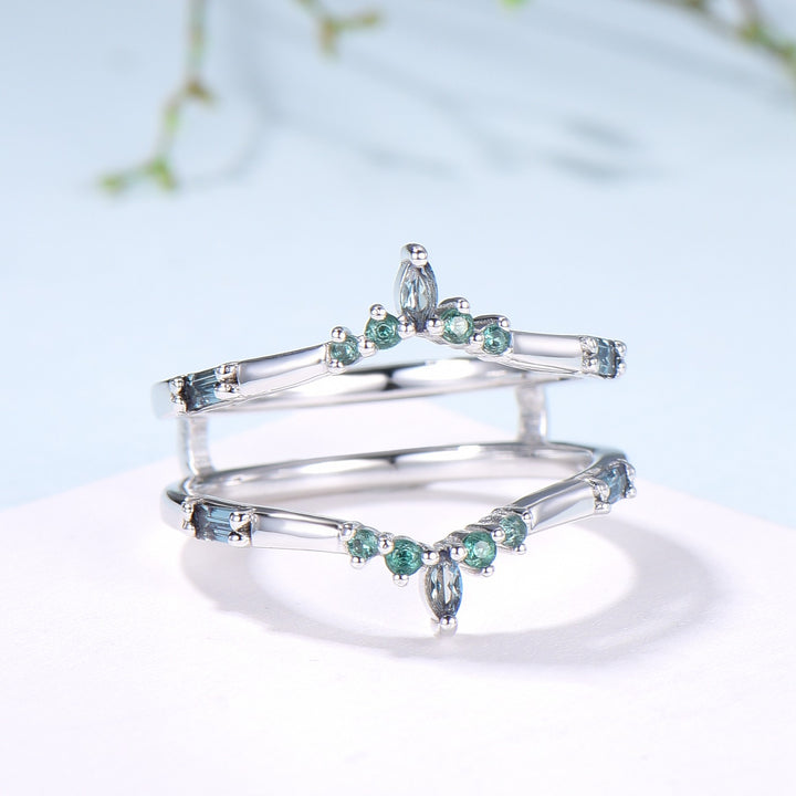 Double Curved Alexandrite Emerald Wedding Band Sterling Silver Contour Enhancer Stacking Marquise Baguette Matching Band Anniversary Gifts - PENFINE