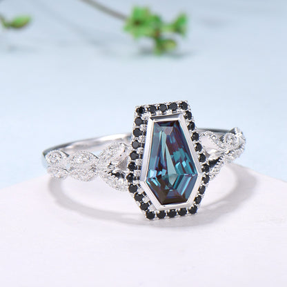 Unique Coffin shaped Alexandrite engagement ring Halo Black diamond retro wedding ring Gothic Limited  Color Change split shank promise Ring - PENFINE