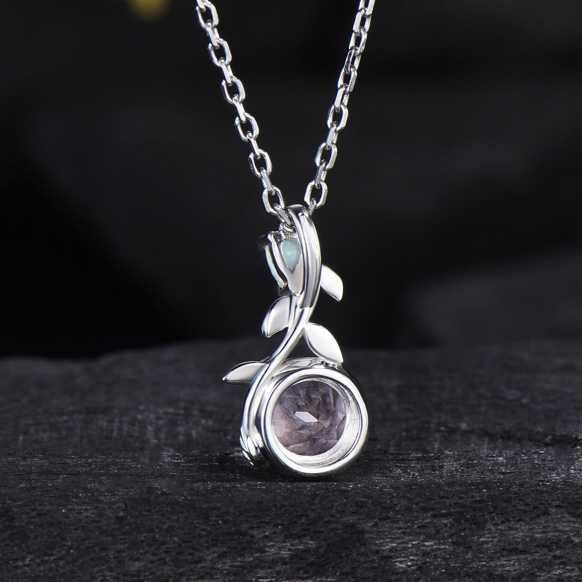 Elegant Pink Morganite Necklace Pendant, 5mm Round Cut Pink Gemstone Moon Pendant, Leaf Vine Natural Inspired Anniversary Gift for Her