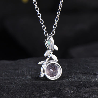 Elegant Pink Morganite Necklace Pendant, 5mm Round Cut Pink Gemstone Moon Pendant, Leaf Vine Natural Inspired Anniversary Gift for Her