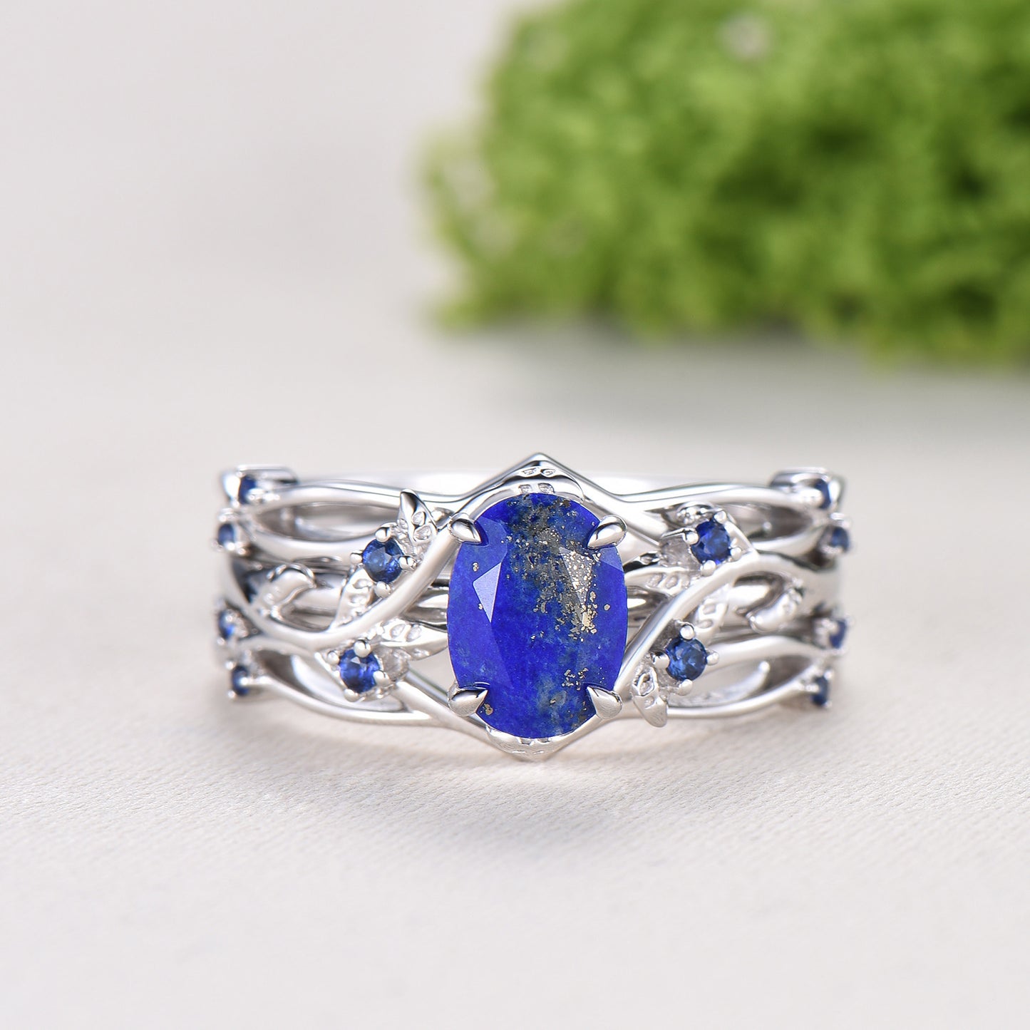 Nature Inspired Lapis Lazuli Wedding Ring Set Elegant Twig Engagement Ring Cluster Sapphire Branch Promise Ring Blue Stone Anniversary Ring - PENFINE